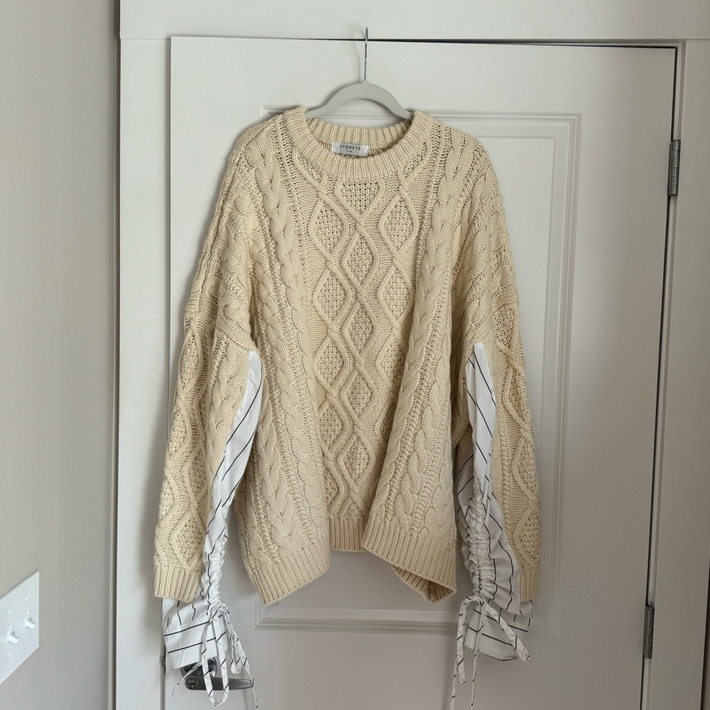 Storets Cream Cable Knit Sweater with Striped Accents